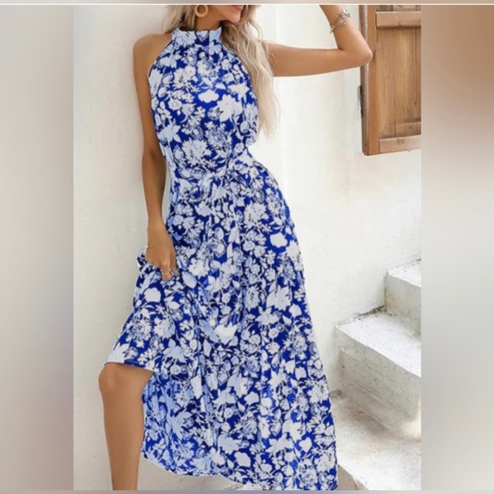 Passion of Essence Boho Blue & White Floral Halter Maxi Prom Dress NWOT Large